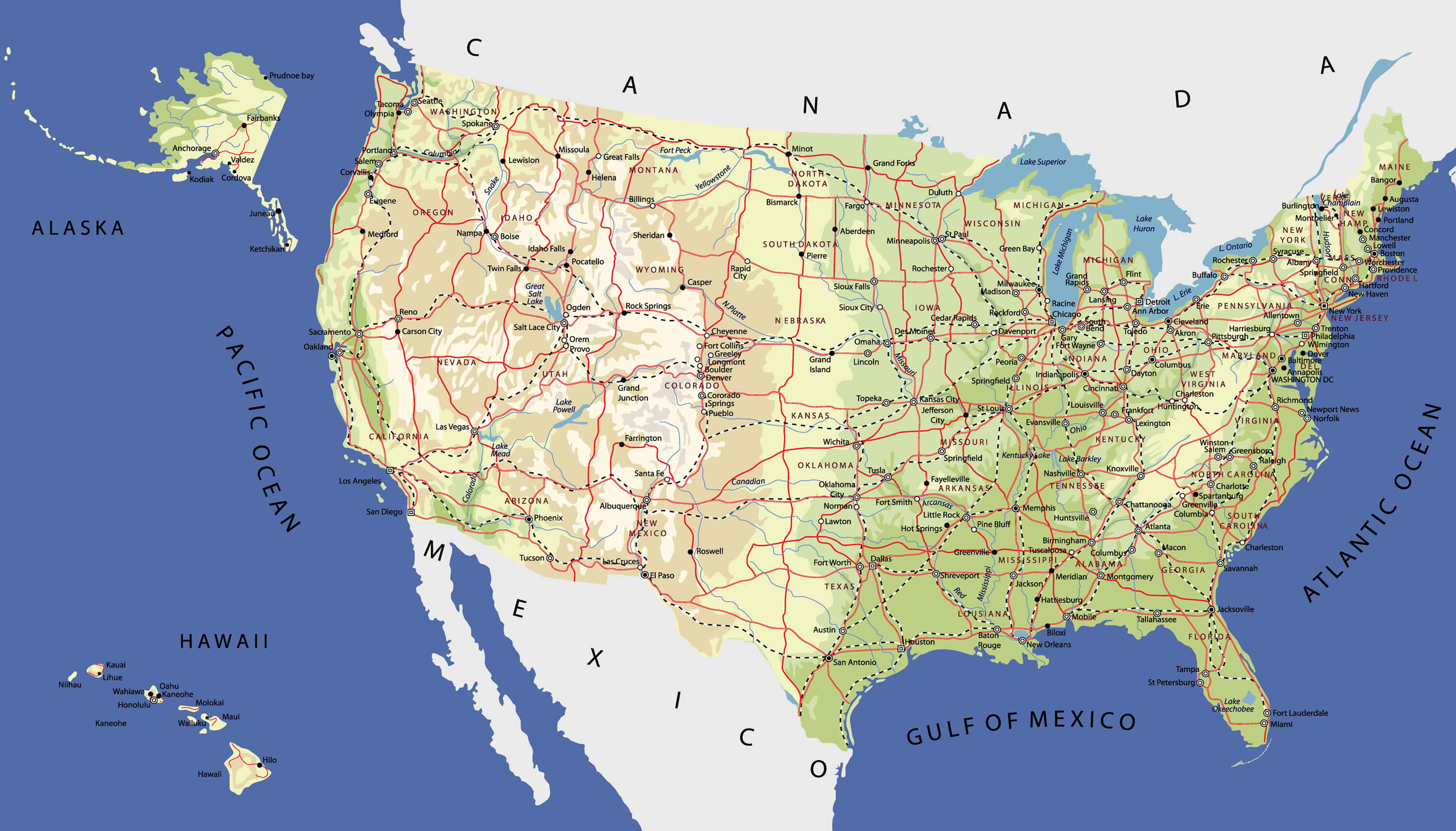 Highly Detailed Map of United States with Cities  Roads Railways